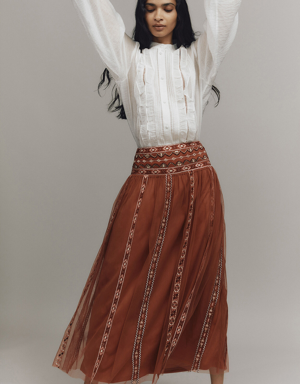 Angie Embroidered Midi Skirt Orange