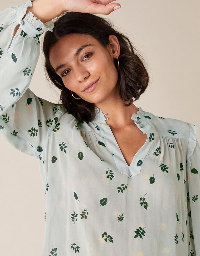Leaf Print Blouse in Sustainable Viscose, Grey (GREY), large