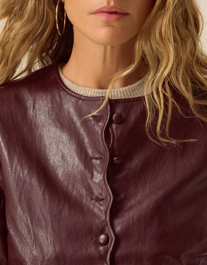 Penelope Scallop Faux Leather Jacket, Brown (CHOCOLATE), large