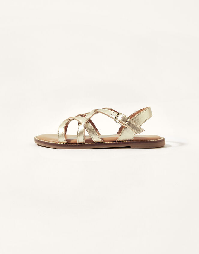 Cross Strap Leather Sandals, Gold (GOLD), large