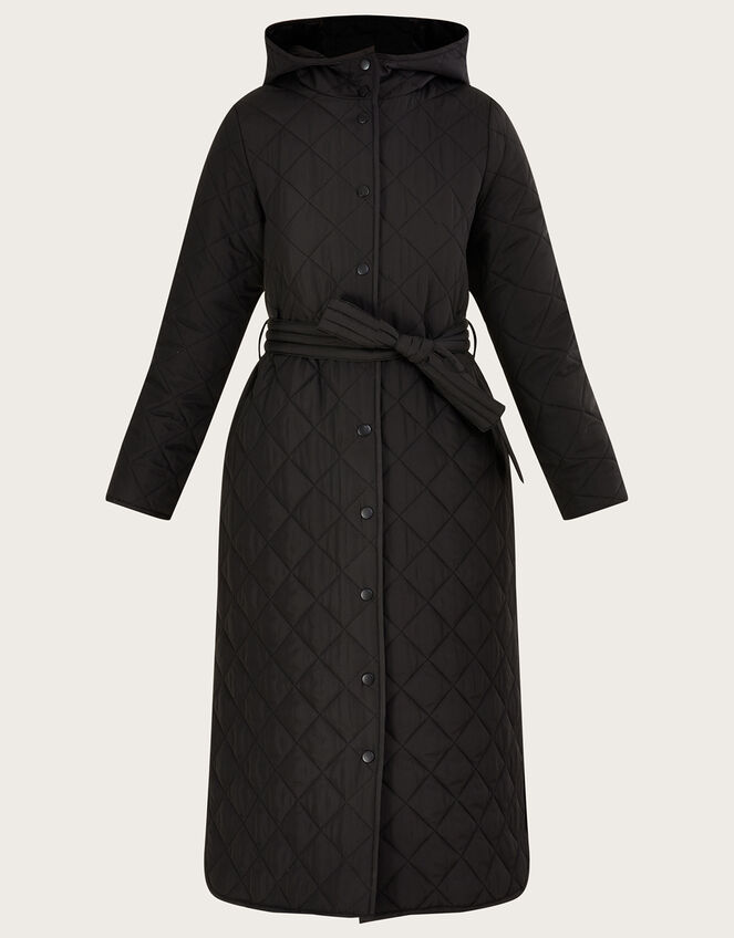 Quinn Quilted Hooded Longline Coat in Recycled Polyester, Black (BLACK), large