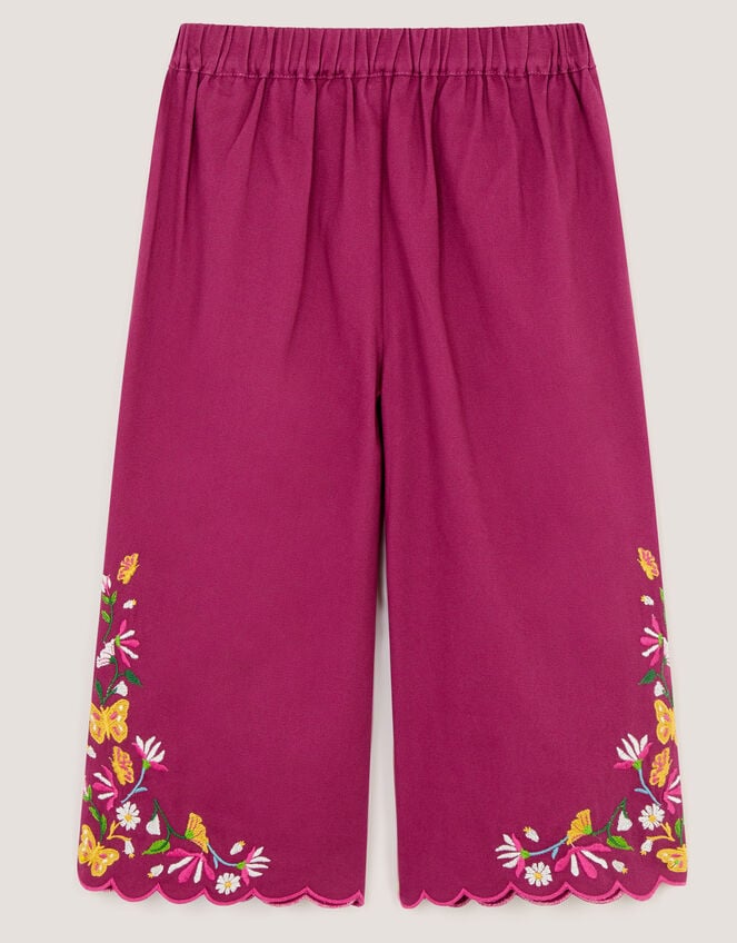 Floral Embroidered Scallop Trim Trousers, Pink (MAGENTA), large