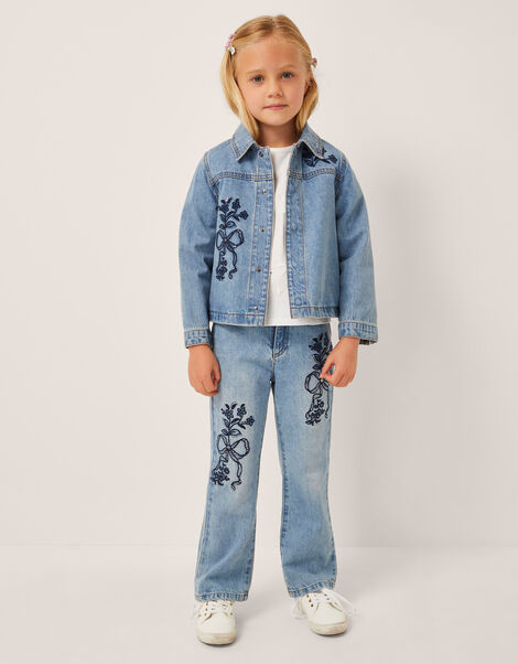 Bow Embroidered Denim Jacket, Blue (BLUE), large