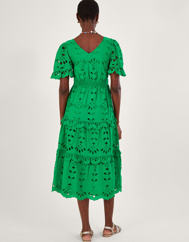 V-Neck Tiered Broderie Dress, Green (GREEN), large