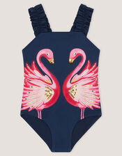 Sequin Flamingo Frill Swimsuit , Blue (NAVY), large