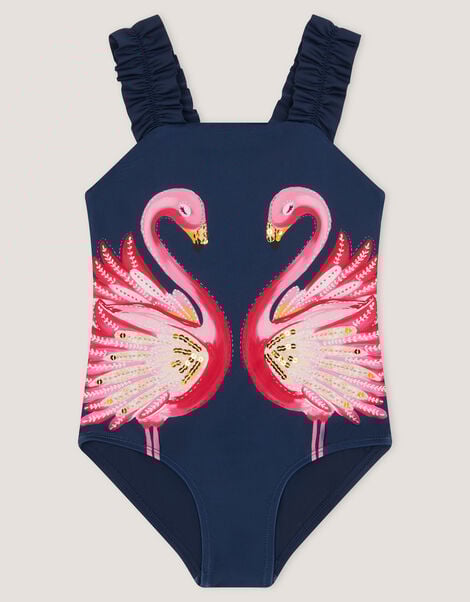 Sequin Flamingo Frill Swimsuit , Blue (NAVY), large