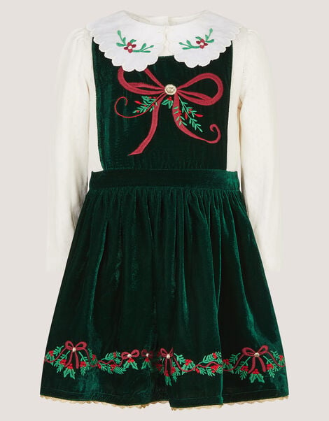 Christmas Wreath Top & Velvet Pinafore Dress Set, Green (GREEN), large