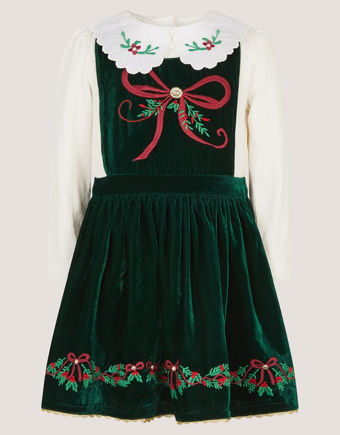 Christmas Wreath Top & Velvet Pinafore Dress Set, Green (GREEN), large