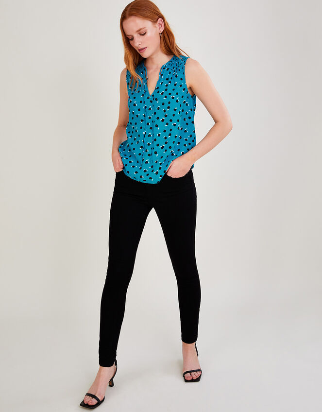 Karina Print Short Sleeve Top with Curved Hem, Teal (TEAL), large