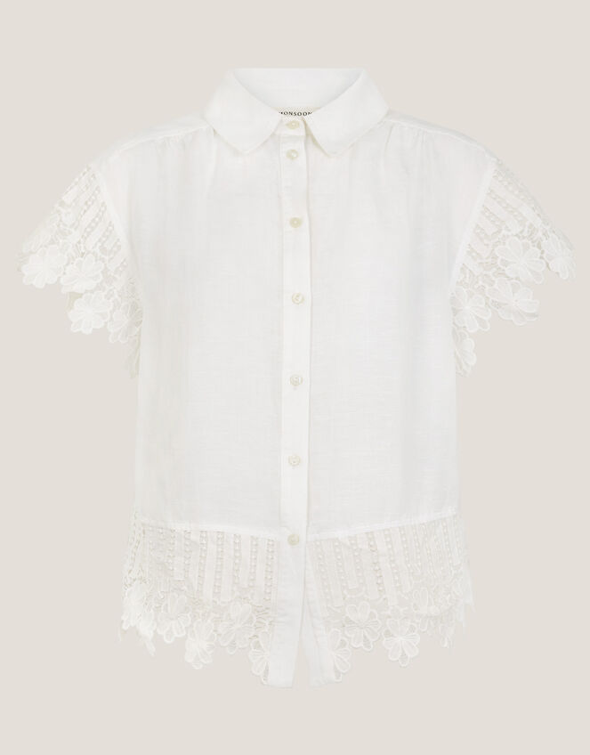 Lara Linen-Blend Short Sleeve Shirt, White (WHITE), large