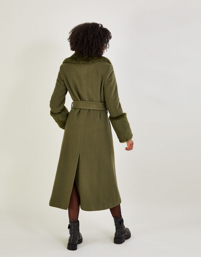 Sadie Faux Fur Trim Wrap Coat, Green (GREEN), large