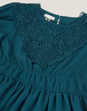 Crochet Yoke Tiered Dress, Blue (NAVY), large