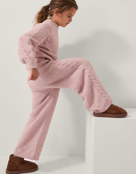 High Waist Cable Knit Trousers, Pink (PINK), large