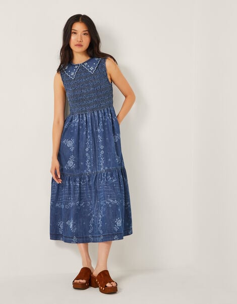 Cecily Floral Smocked Denim Midi Dress, Blue (DENIM BLUE), large