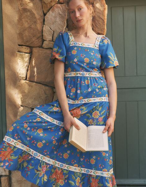 Mona Puff Sleeve Floral Midi Dress, Blue (COBALT), large