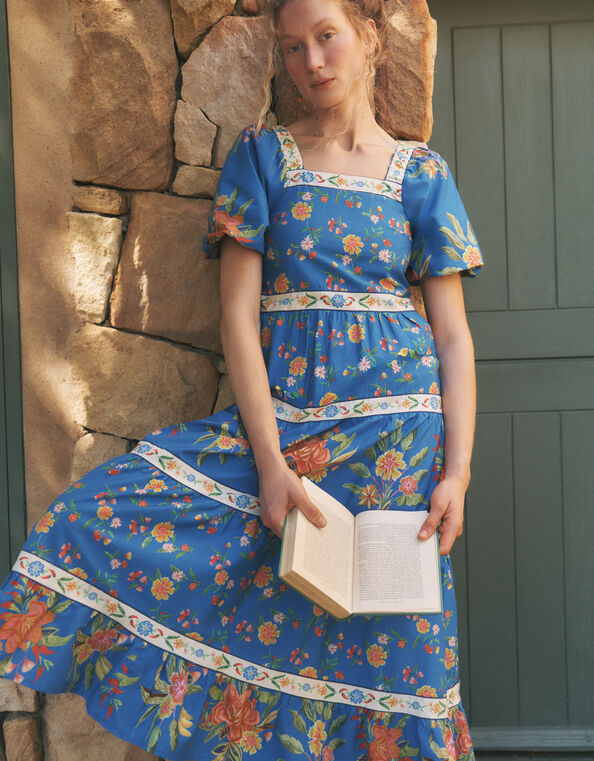 Mona Puff Sleeve Floral Midi Dress, Blue (COBALT), large