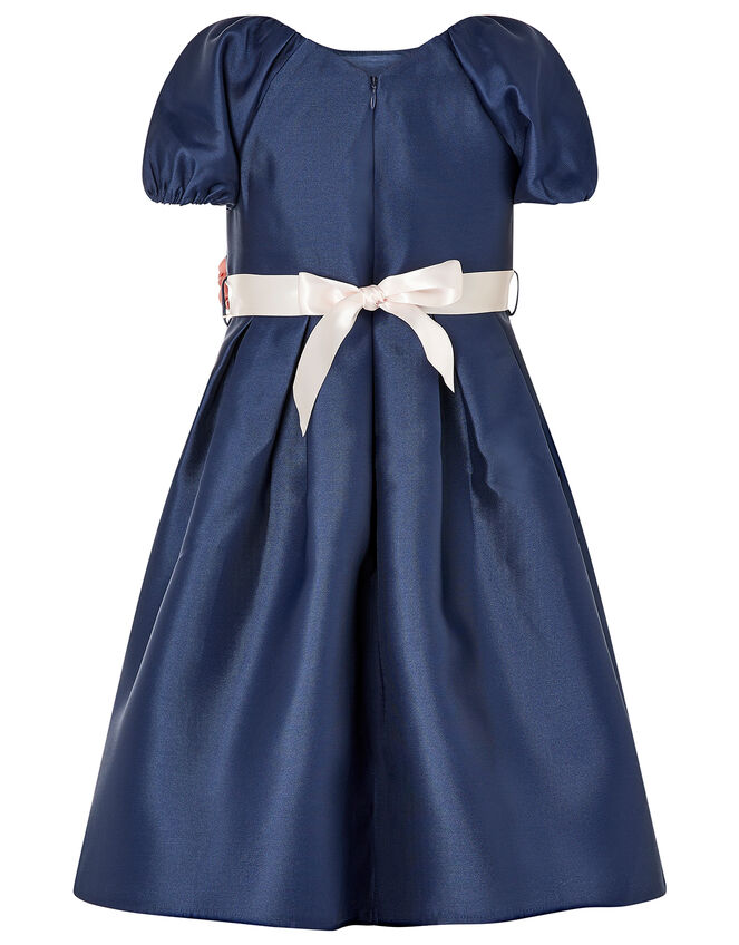 Corsage Belt Puff Sleeve Dress, Blue (NAVY), large