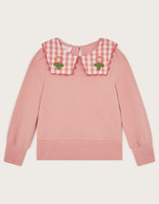 Floral Gingham Collar Sweatshirt, Pink (PINK), large