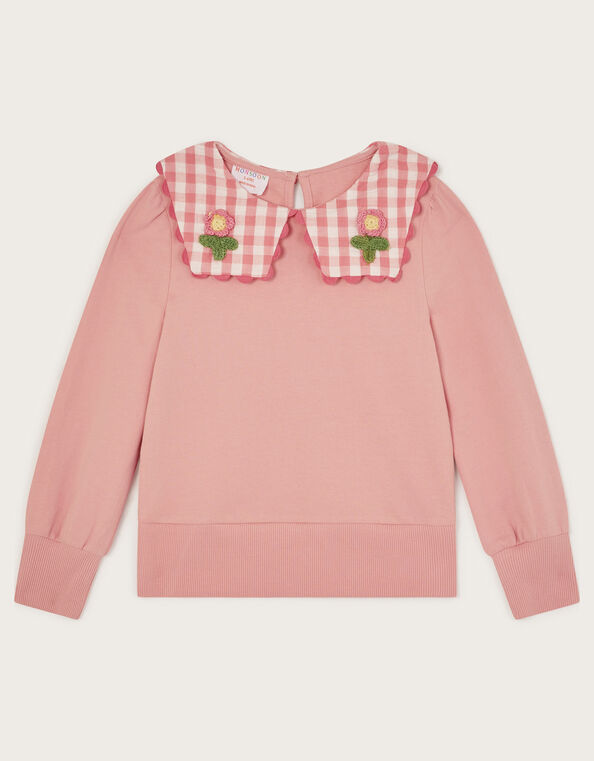 Floral Gingham Collar Sweatshirt, Pink (PINK), large