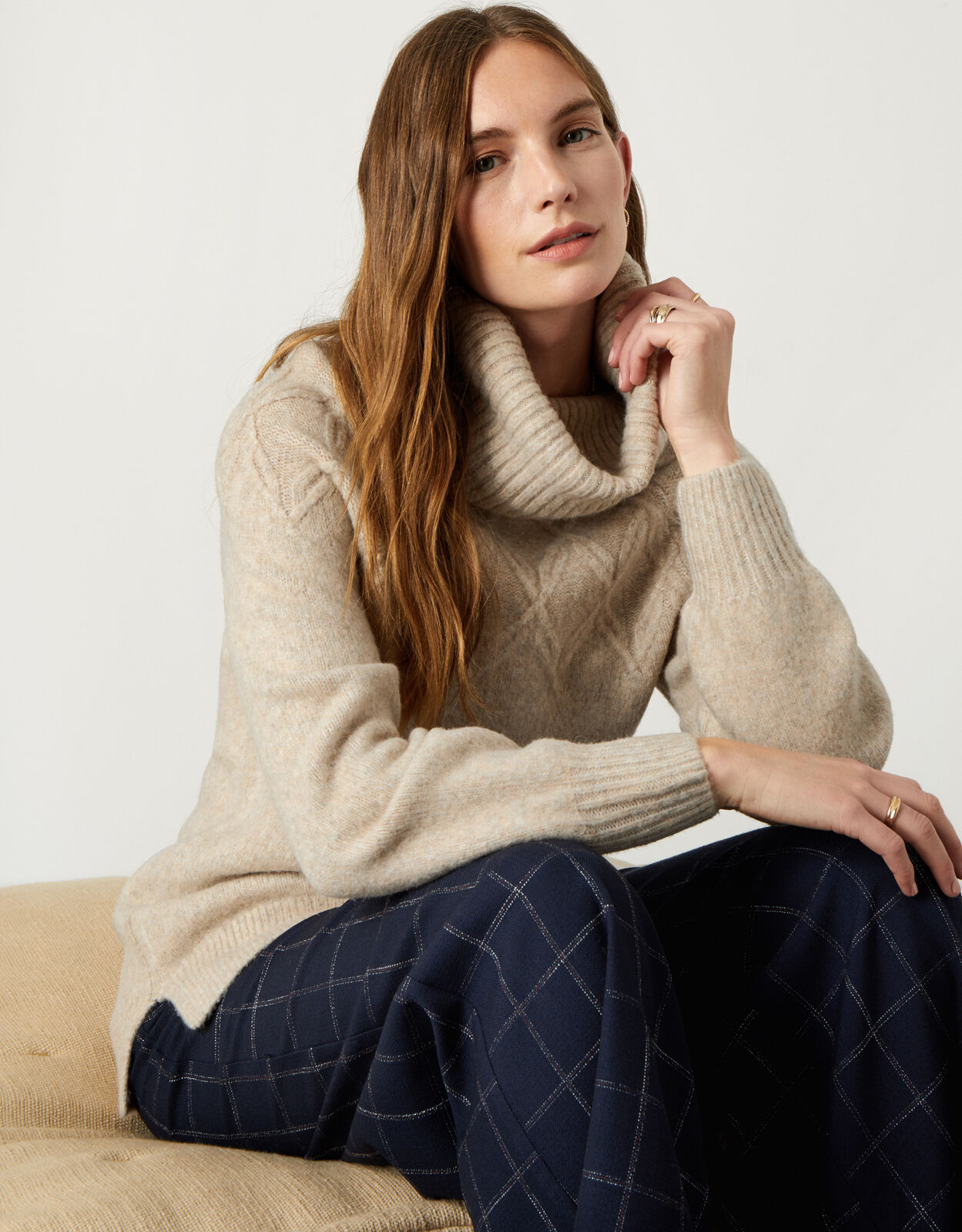Cowl Neck Stitch Detail Longline Jumper Camel