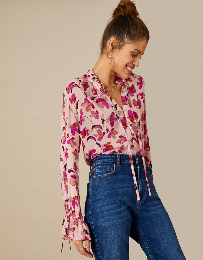 Honey Floral Print Blouse in Sustainable Viscose, Ivory (IVORY), large