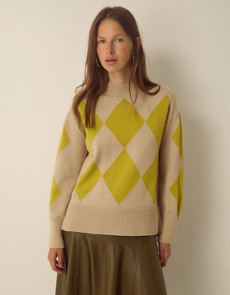 Arlen Crew Neck Argyle Jumper, Green (CHARTREUSE), large