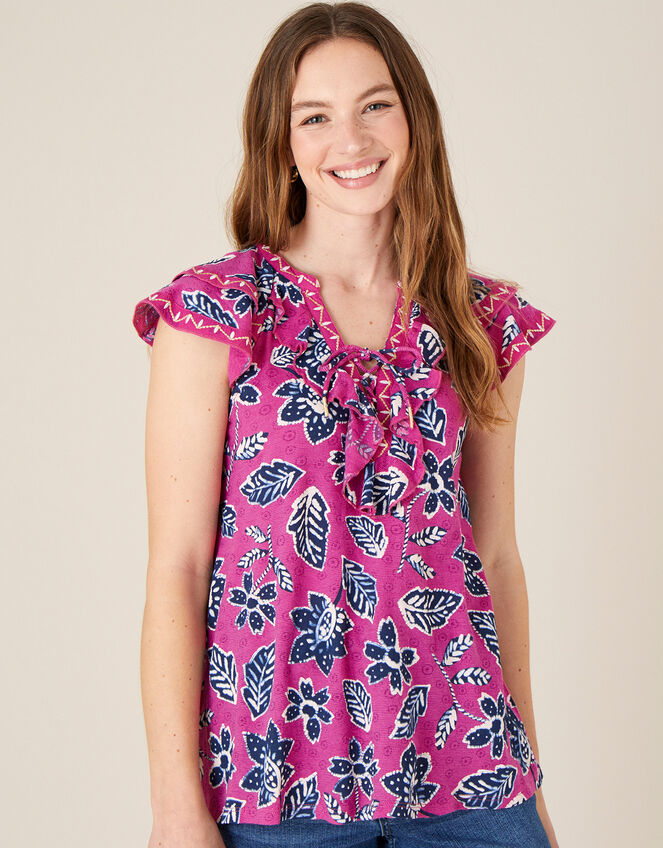 Rosanna Printed Ruffle Jersey Top, Pink (PINK), large