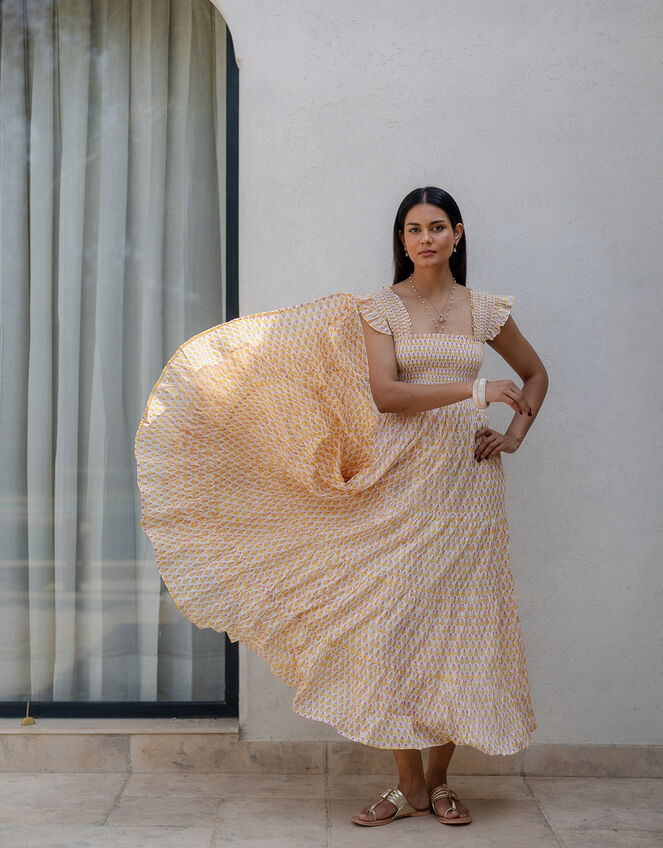 Dilli Grey Tara Smocked Block Print Maxi Dress, Yellow (YELLOW), large