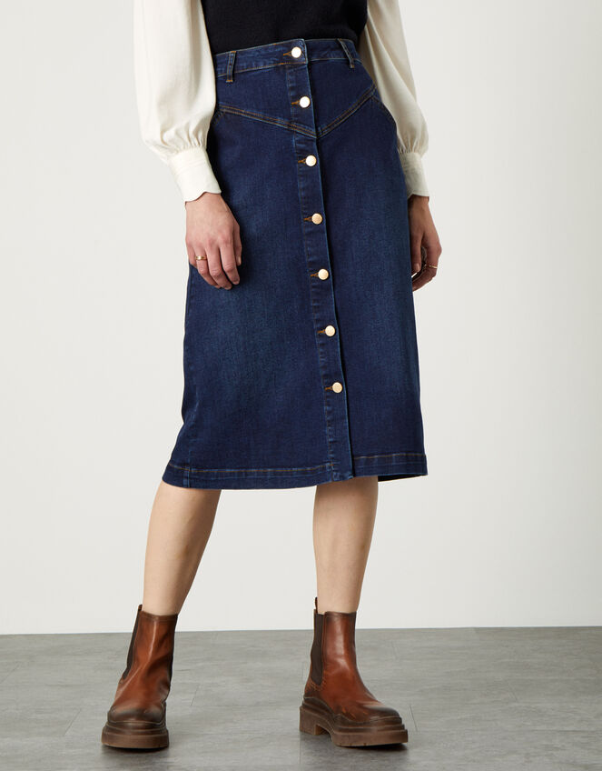 Denim Button Through Midi Skirt Blue