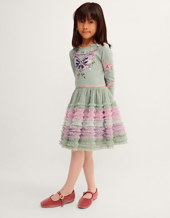 Sequin Butterfly Ruffle Disco Dress, Green (GREEN), large
