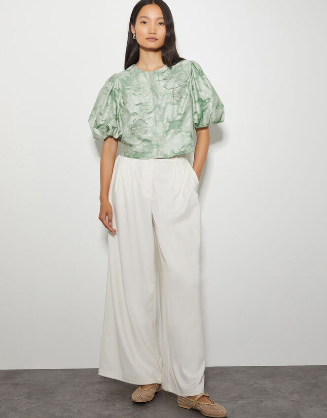 Josie Puff Sleeve Floral Jacquard Top, Green (SAGE), large