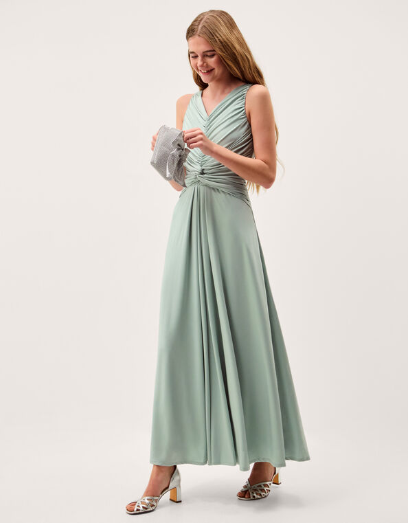 Skye Ruched Knot Jersey Prom Dress, Green (SAGE), large