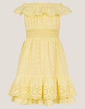 Broderie Bardot Dress, Yellow (YELLOW), large