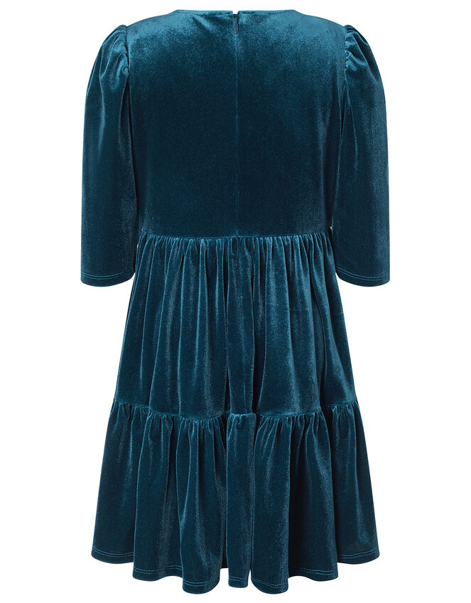 Tiered Velvet Dress with Recycled Fabric, Teal (TEAL), large