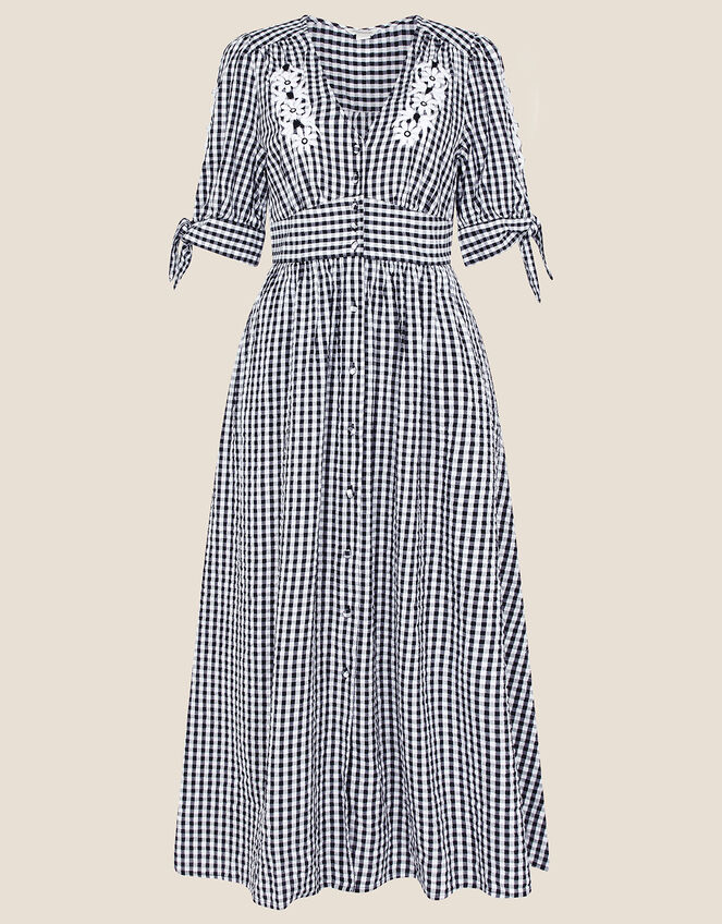 Gingham Check Embroidered Dolly Dress, Black (BLACK), large