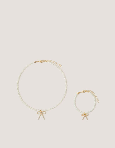 Bow Pearl Necklace & Bracelet Set, , large