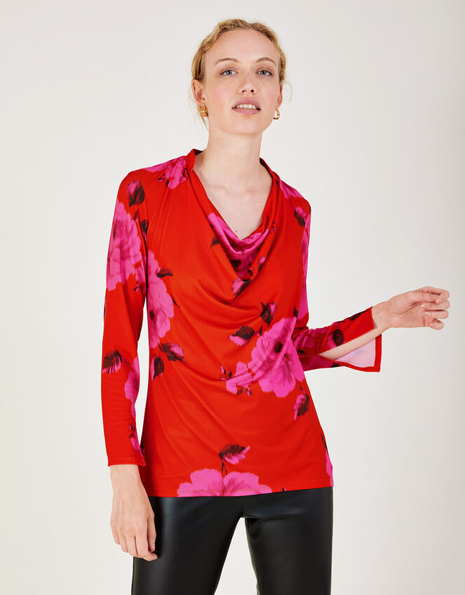 Cowl Floral Print Jersey Top, Red (RED), large