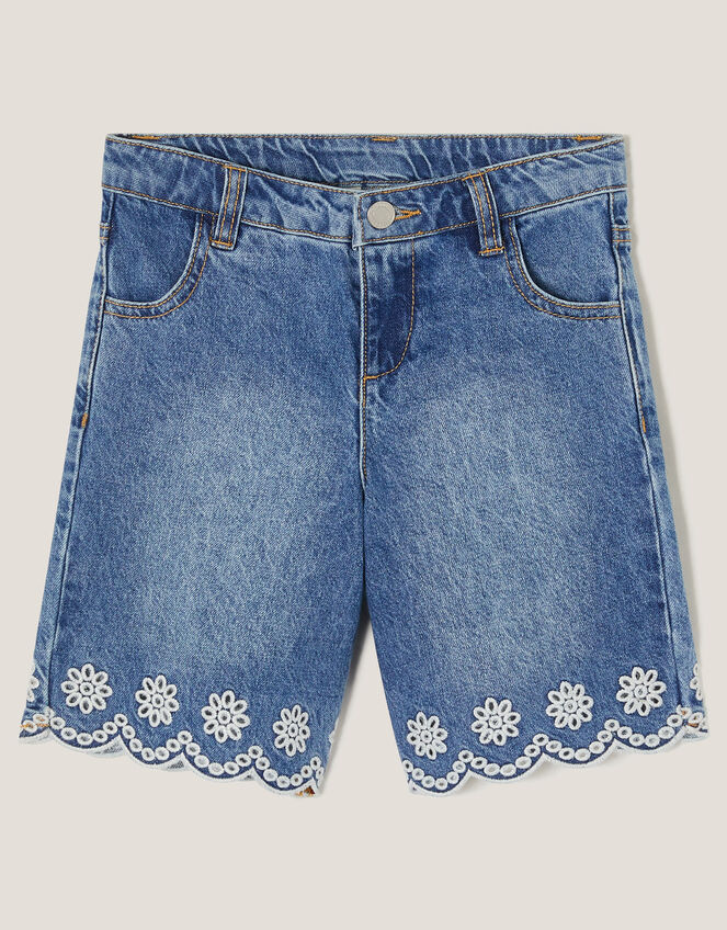 Broderie Scalloped Denim Shorts, Blue (BLUE), large