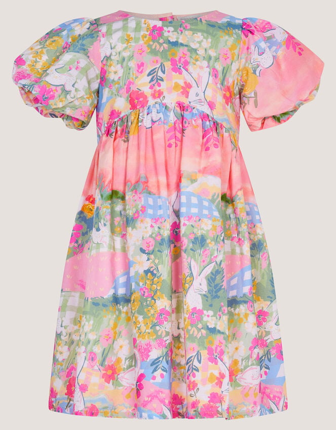 Bunny Scene Puff Sleeve Dress, Yellow (YELLOW), large