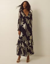 Rowena V-Neck Ruffle Metallic Jacquard Midi Dress, Black (BLACK), large