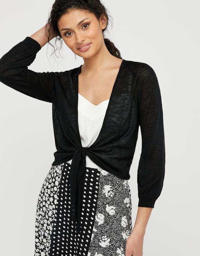 Libby Tie Shrug in Linen Blend, Black (BLACK), large