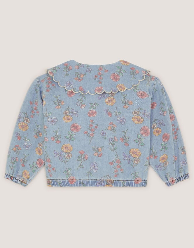 Floral Scallop Collar Denim Jacket, Blue (BLUE), large