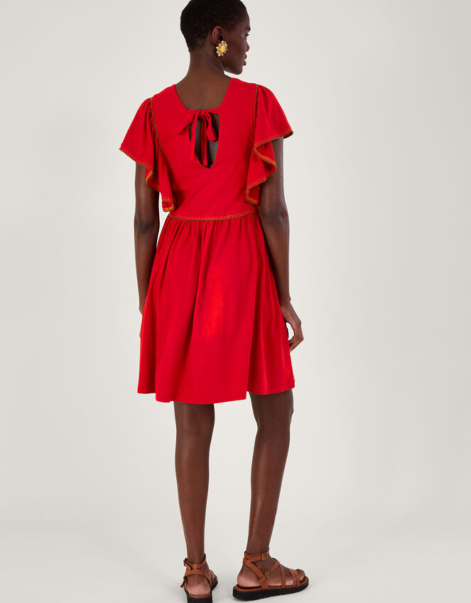 Embroidered Ruffle Sleeve Jersey Dress, Red (RED), large