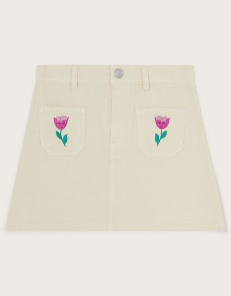Tulip Embroidered Denim Skirt, Cream (CREAM), large