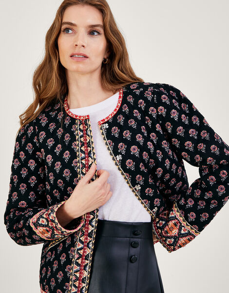 Padded Rose Print Jacket in LENZING™ ECOVERO Black, Black (BLACK), large