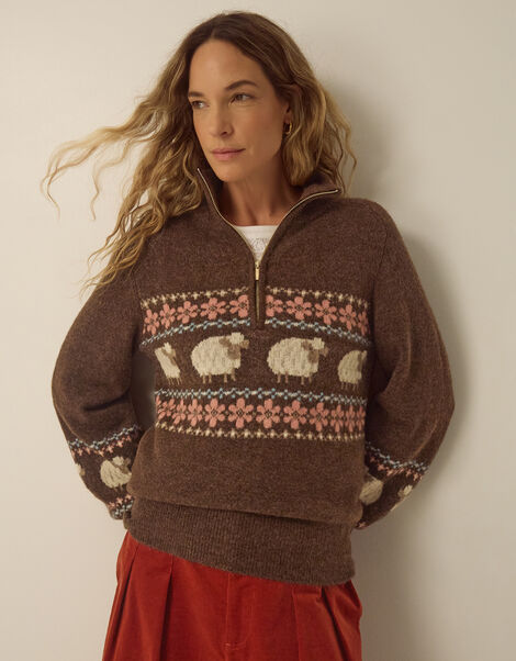 Shona Half Zip Sheep Jumper, Brown (CHOCOLATE), large