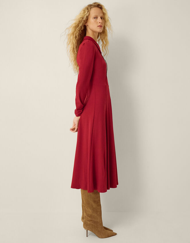 Zoe Pointed Collar Jersey Midi Dress, Red (BURGUNDY), large
