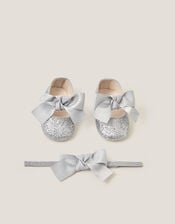 Baby Bow Glitter Headband & Booties Set, Silver (SILVER), large