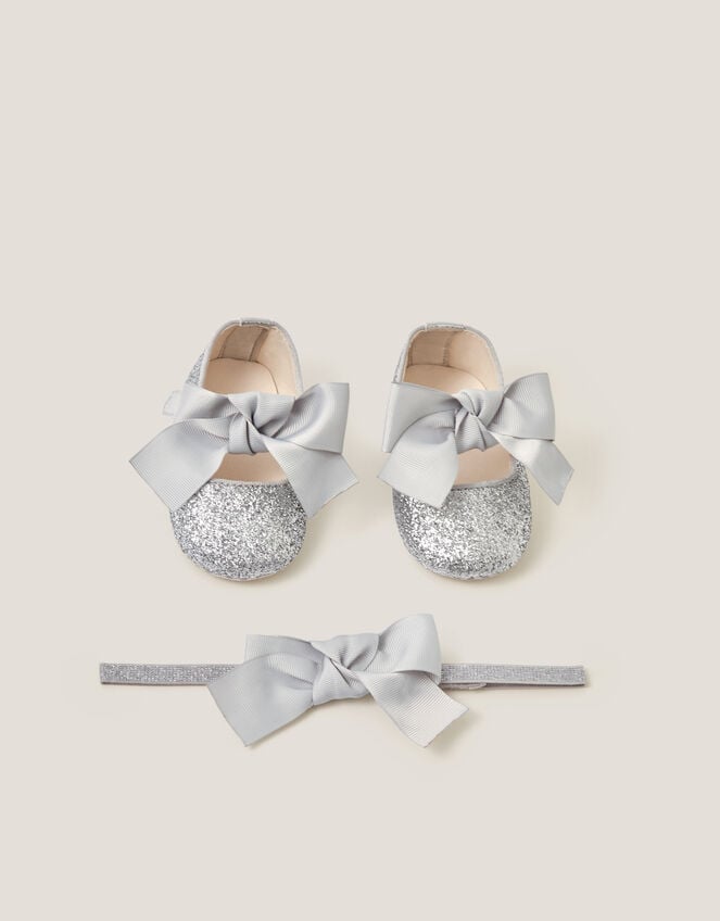 Baby Bow Glitter Headband & Booties Set, Silver (SILVER), large