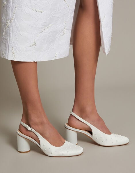 Pelia Pearl Satin Slingback Heels, Ivory (IVORY), large
